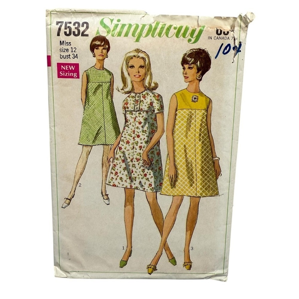 VTG 1968 Simplicity 7532 Sewing Pattern Mod A-Line Dress 12 Retro 60's MCM Uncut